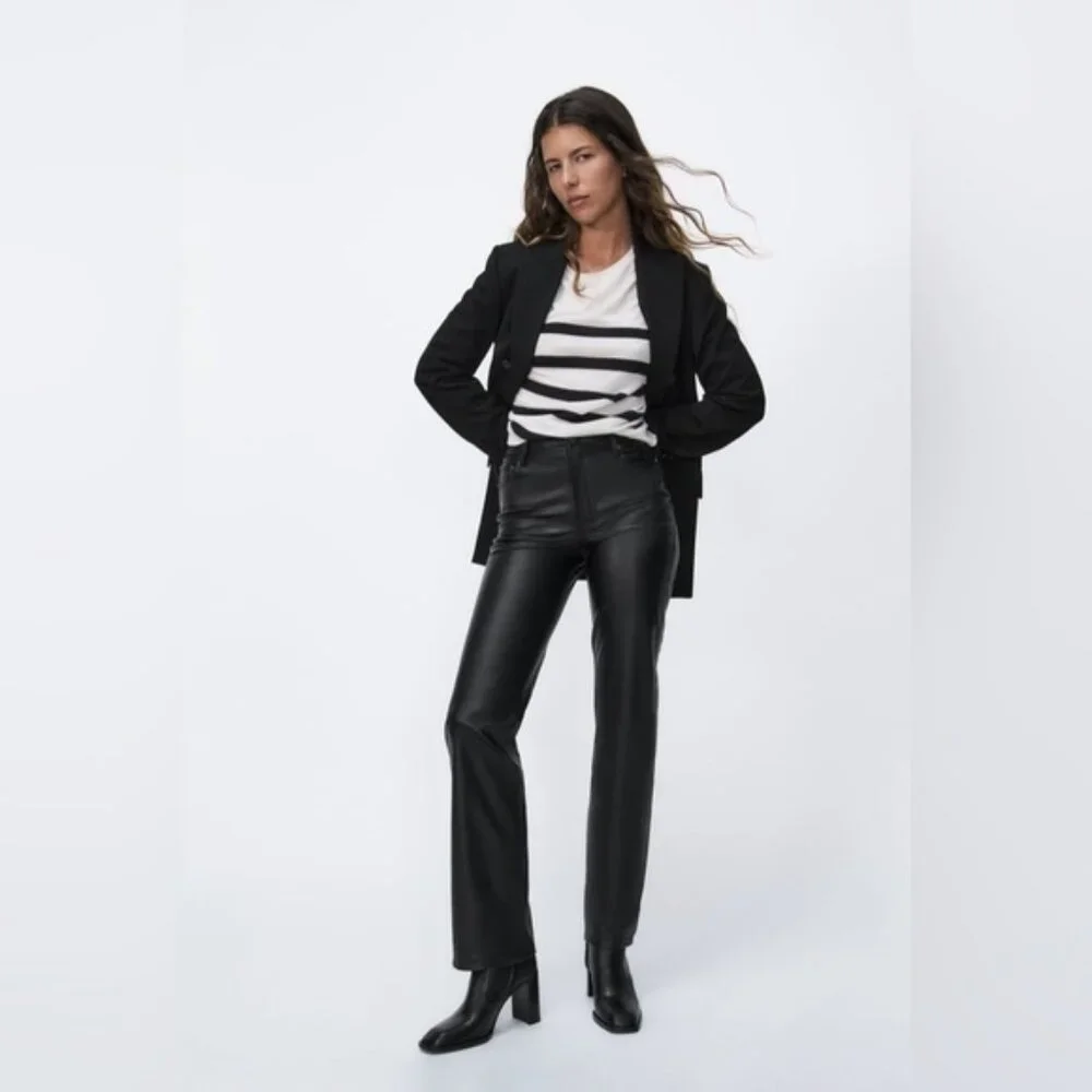 NWT ZARA FAUX LEATHER 90’s WIDE LEG Pants High Waist 2969/245/800 Size 14‎